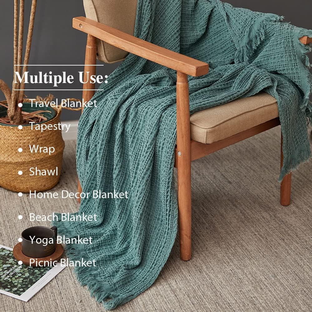 Simple&Opulence 100% Cotton Throw Blanket for Couch, Bed, Waffle Weave Cable Knit Blanket with Tassels, Soft Lightweight Pre-Washed Breathable Cozy Blanket Farmhouse Decoration for All-Season (Green)