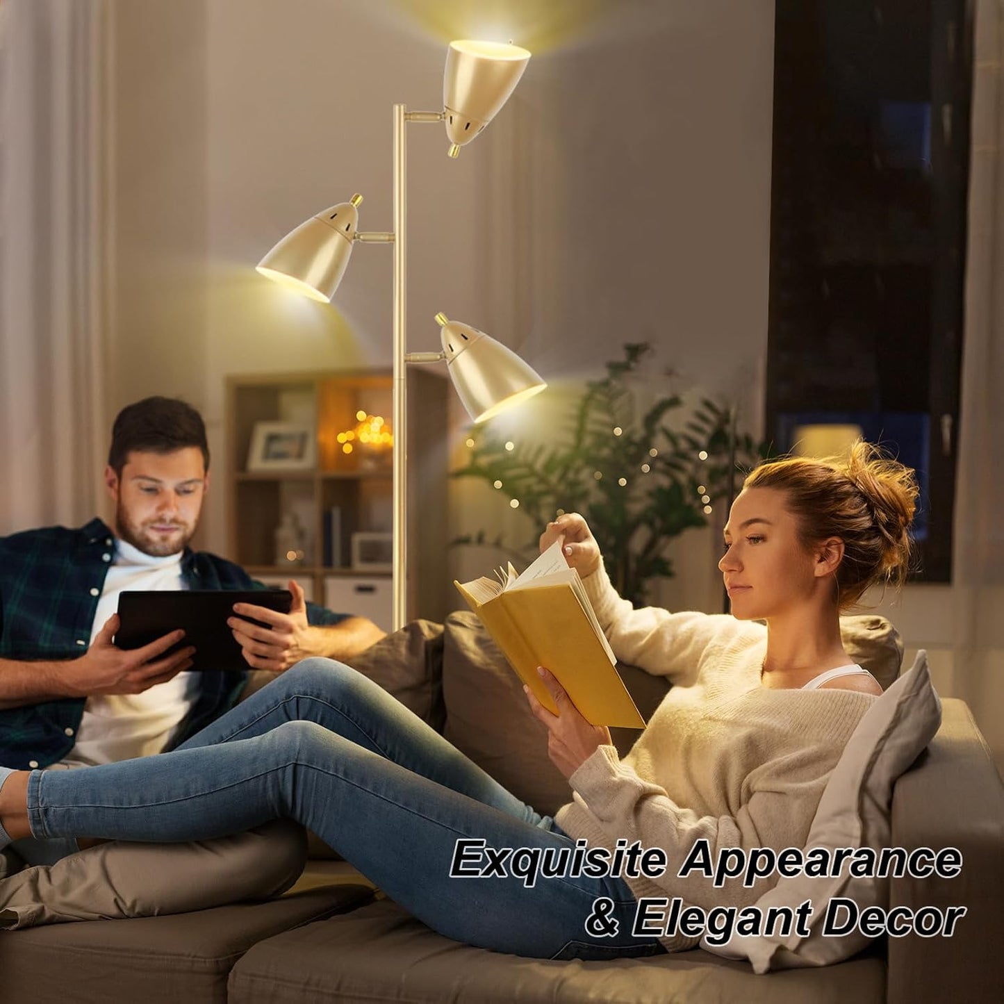 Tree Floor Lamp for Living Room, Industrial 3-Light Standing Lamp with 3 LED Bulbs, Adjustable Rotation Heads, Standing Tall Pole Lamp Farmhouse Rustic Reading Lamps for Bedroom Office (Gold)
