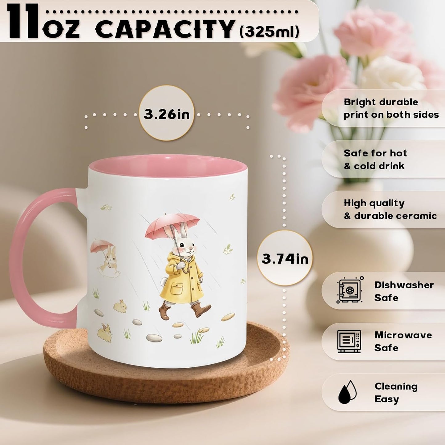 Easter Coffee Mugs 11Oz Bunny Mug, Cute Coffee Mug, Easter Gifts, Bunny Gifts for Women and Girls Daughter, Spring Coffee Mugs Pink, Gift for Rabbit Lovers, Friends and Family