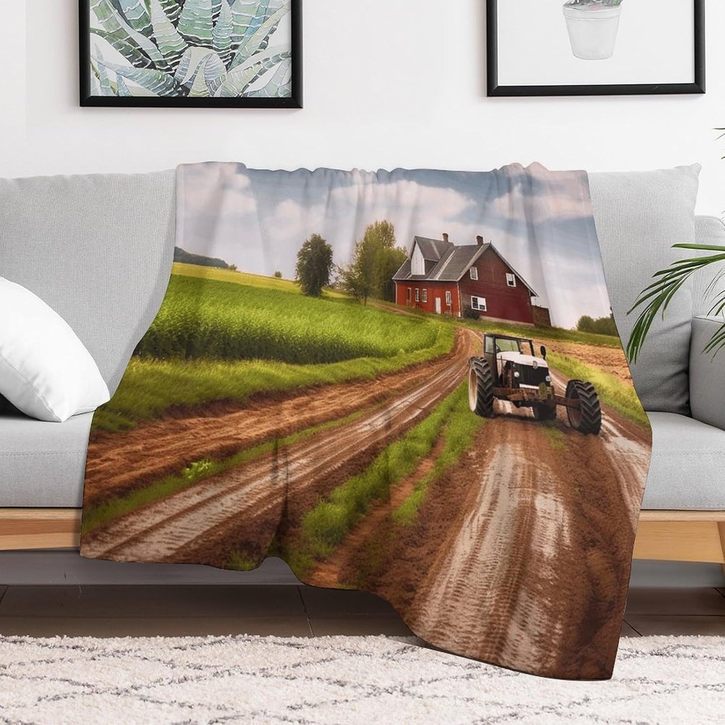 Country Road with Farm And Tractor Throw Blanket for Couch Super Soft Warm Lightweight Throw Blankets Cozy Flannel Bed Blanket Cute Decorative Blankets for All Seasons Home Decor Gift 40"*50" （100*130