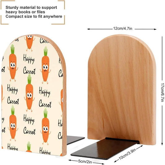 Happy Carrot Wooden Bookend Non-Slip Book Ends Heavy Duty Book Stopper with Metal Base Books Holderd Decorative Bookends Stands Firmly for Office Supplies