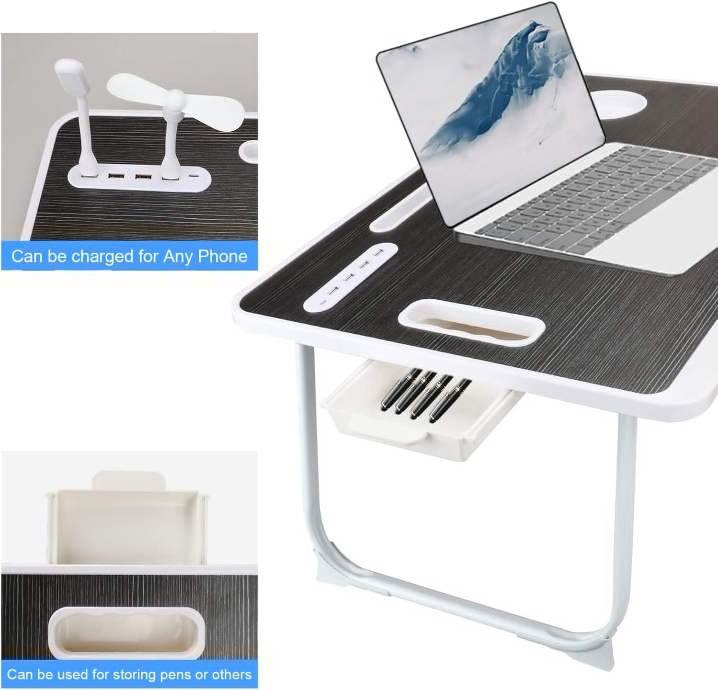 Laptop Bed Table, Lap Desk for Bed, Foldable Laptop Bed Desk with USB Charge Port, Handle, Desktop Card Slot, Cup Slot, Side Drawer, Portable Laptop Table for Bed Eating Reading Working