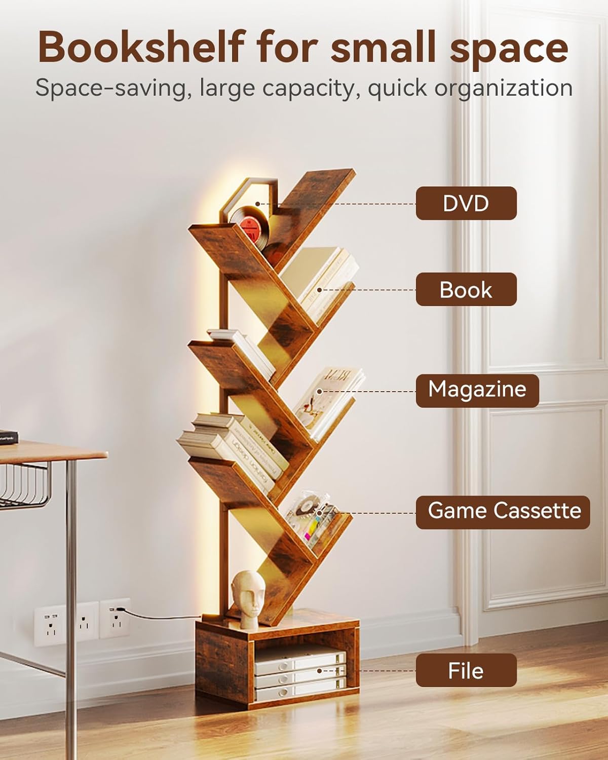 Casaottima Tree Bookshelf with LED Lights, 6-Tier Narrow Bookcase for Small Spaces, Tall Steel & Wood Storage Shelf with Cabinet, Home Decor & Organizer for Living Room/Bedroom/Home Office, Vintage