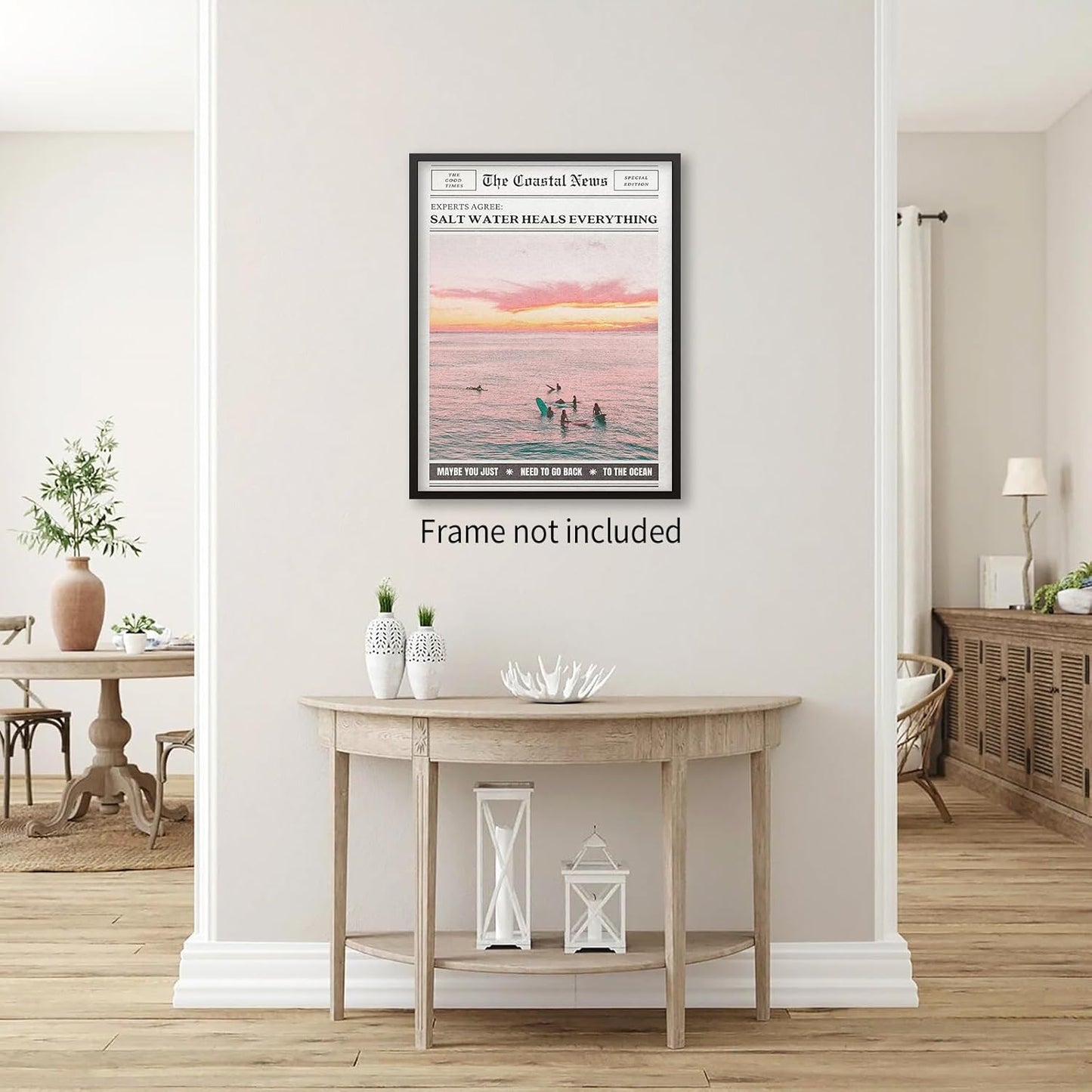 Pink Beach Newspaper Posters Vintage Fashion Coastal Girl Surf Wall Art Grainy Salt Water Heals Everything Canvas Prints for College Dorm Bedroom Wall Decor 12X16 inch Unframed