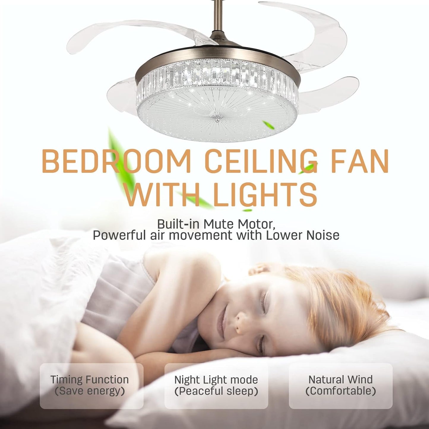 STERREN 42 Inch Crystal Ceiling Fan with Light,Modern Retractable Flush Mount Low Profile Bladeless Chandelier Ceiling Fan with Lights and Remote for Bedroom Living Room Fandelier