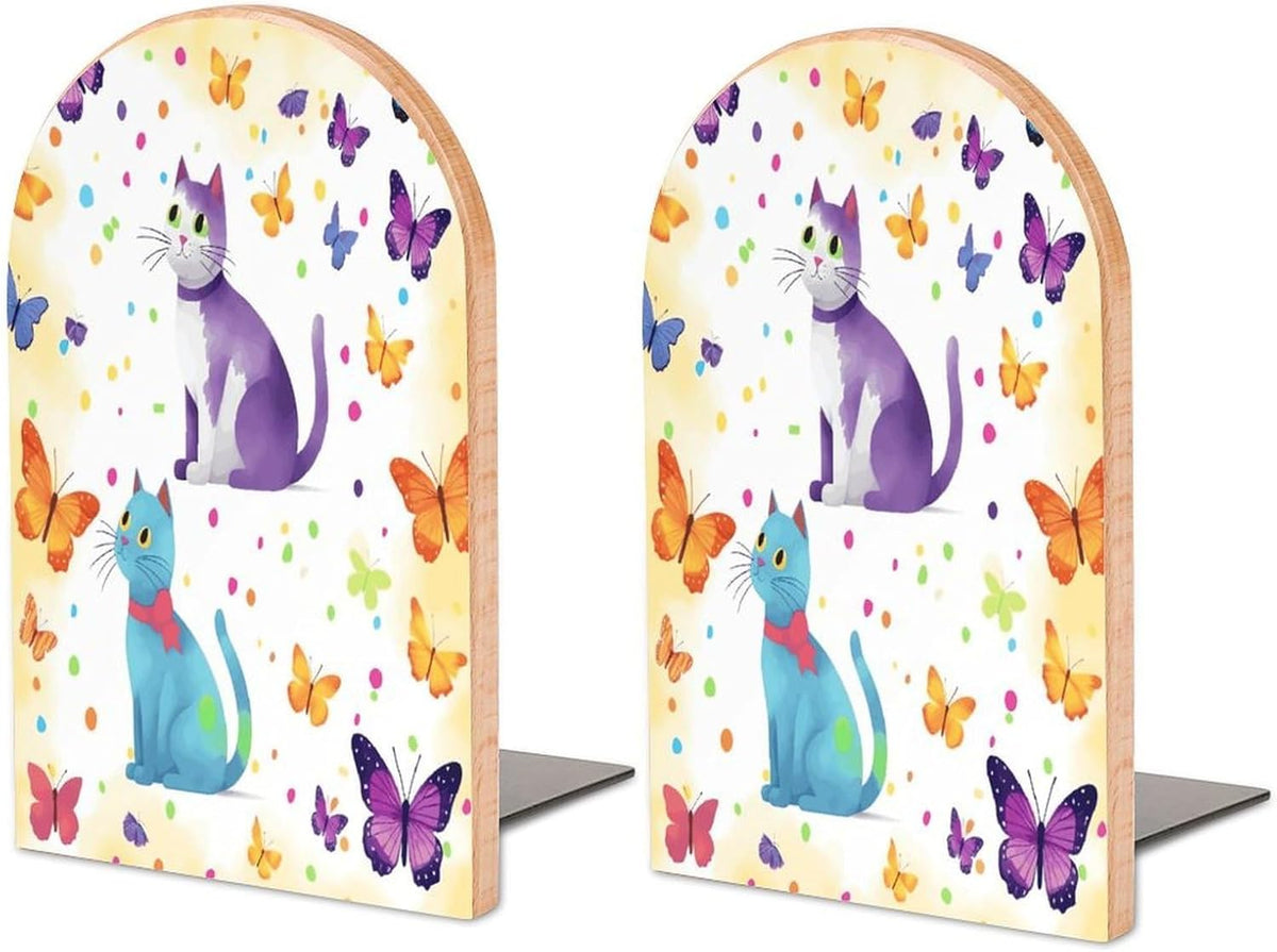 Non-Slip Bookend for Shelves Butterfly Polka Dot and Cat Wooden Bookends with Metal Base Decorative Book Stopper for Home Heavy Duty Wood Book Storage for Books/CDs