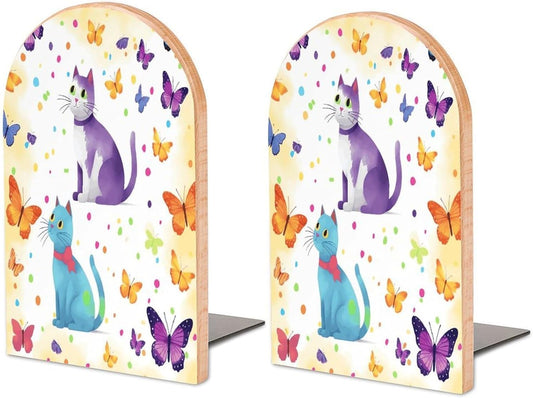 Non-Slip Bookend for Shelves Butterfly Polka Dot and Cat Wooden Bookends with Metal Base Decorative Book Stopper for Home Heavy Duty Wood Book Storage for Books/CDs