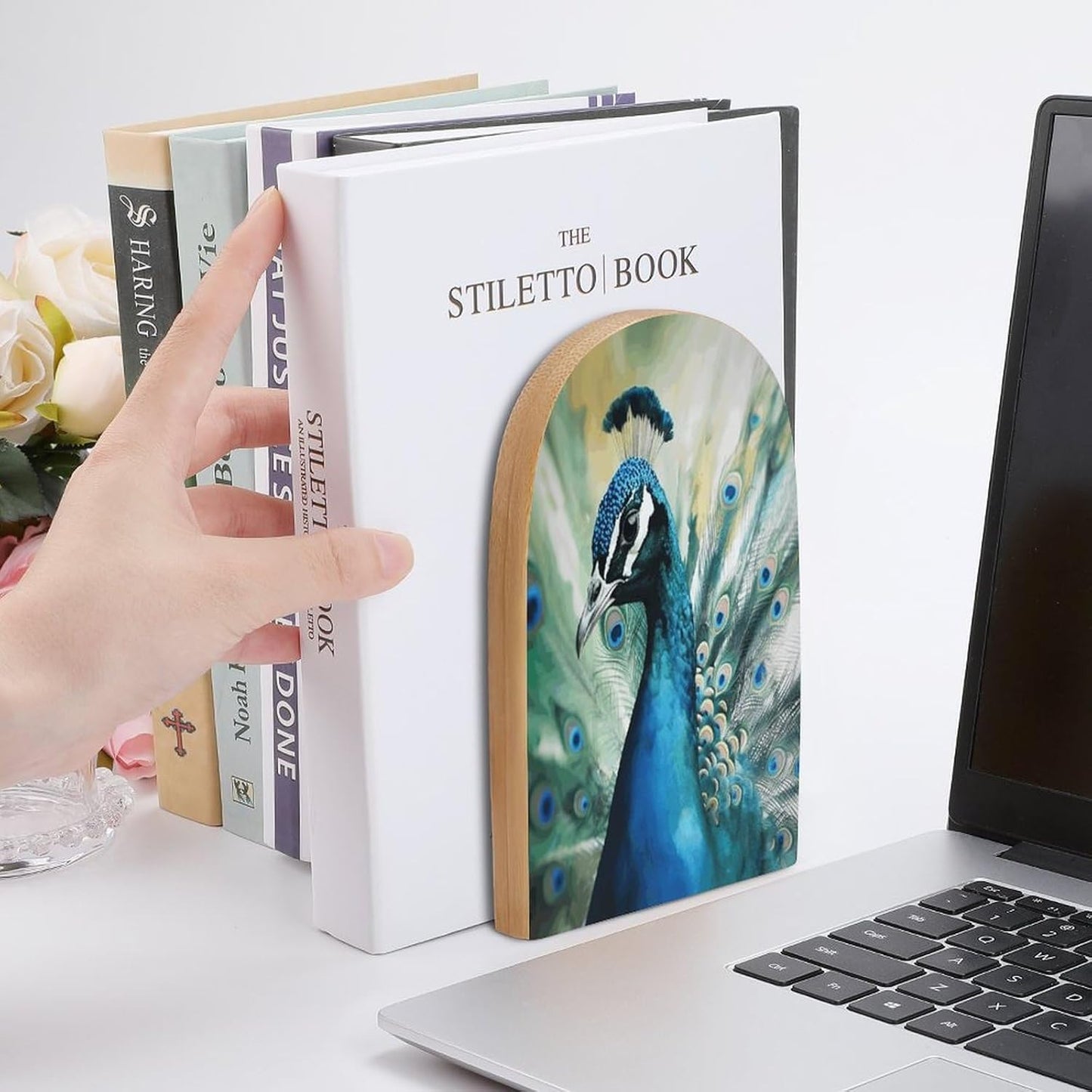 Cute Peacock Bookend for Shelves Wooden Book End Large Size Sturdy Book Holders Stoppers with Metal Base for Bookshelves Slick Decorative Bookends Stands