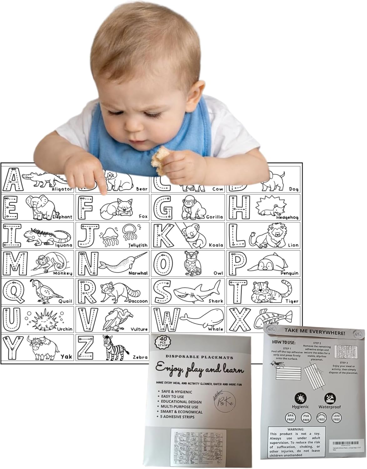 Disposable Adhesive Placemats for Baby, Kids, Toddler, 40pcs, Waterproof high-Contrast Educational Design, Ideal for Led weaning Essential, Travel, Art, Food Grade Plastic 12''x18''