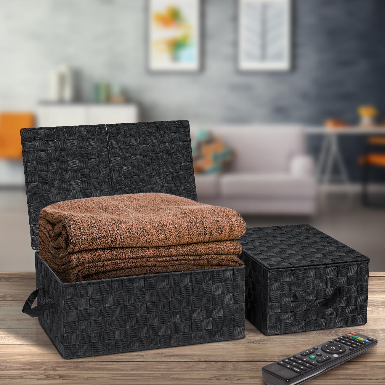 Sorbus Set of 3 Hand-Woven Storage Baskets with Lids – Mesh Design Organizers for Closet, Shelves, and Home Storage (Black)