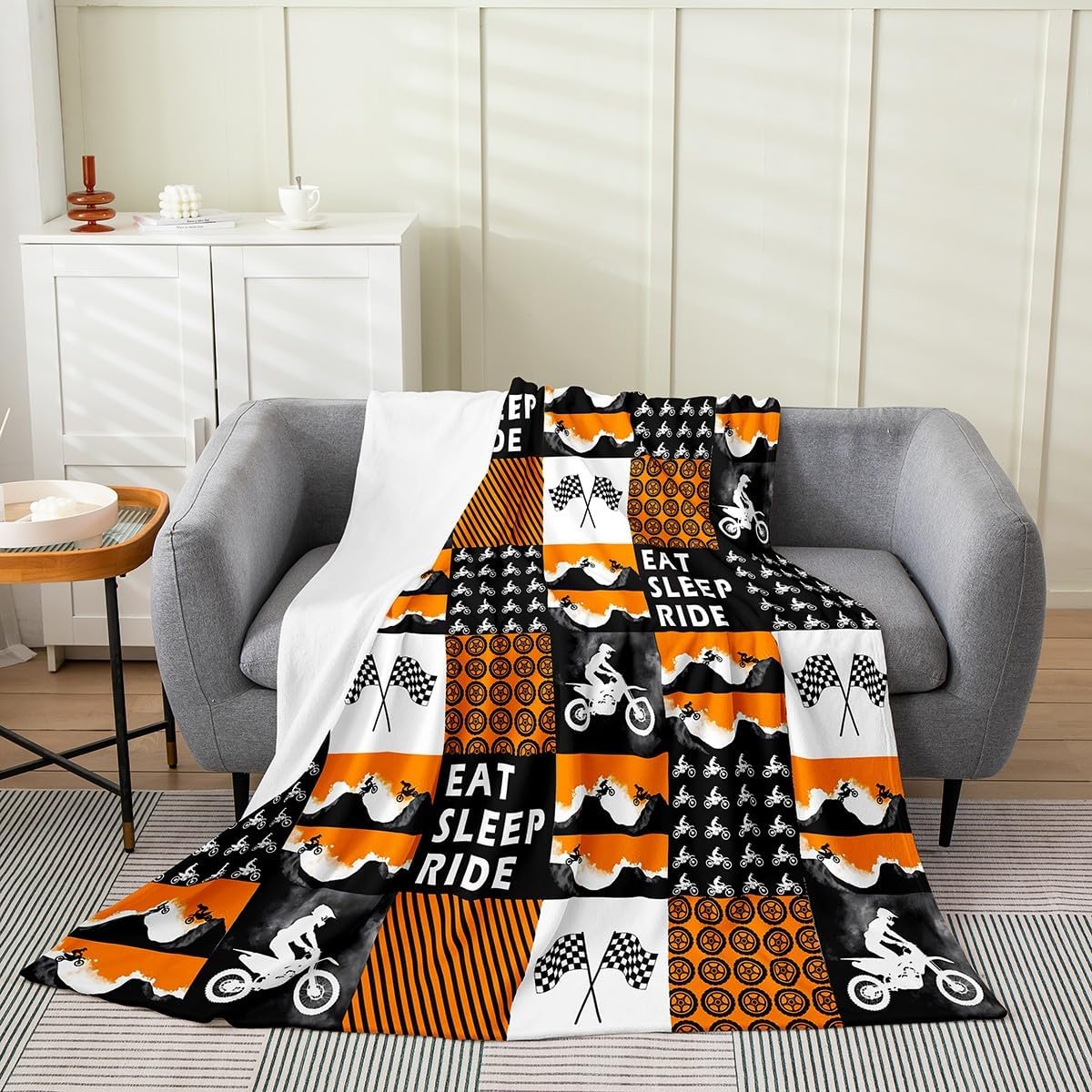 Dirt Bike Flannel Fleece Throw Blanket Kids,Extreme Sports Fuzzy Blanket For Bed Sofa Couch,All Season Racing Motocross Rider Bed Blanket Breathable Orange Grey Plush Blanket Room Decor Twin 60"x80"