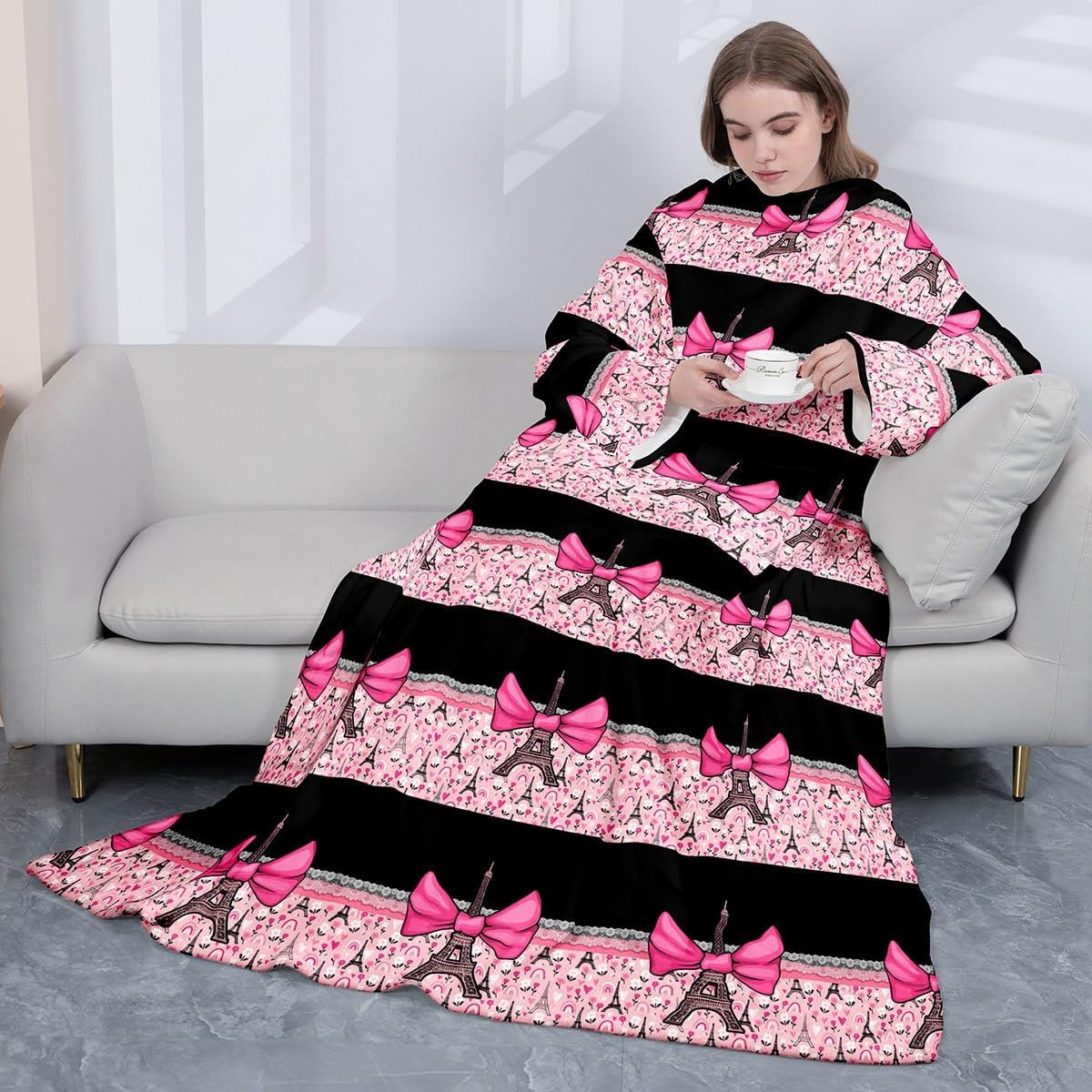 Feelyou Eiffel Tower Fleece Blanket with Sleeves 50"x70" Romantic Paris Bowknot Super Soft Sleeved Throw with Arm Black Pink Wearable Blanket Warm Cozy Modern French Fuzzy Plush Blanket