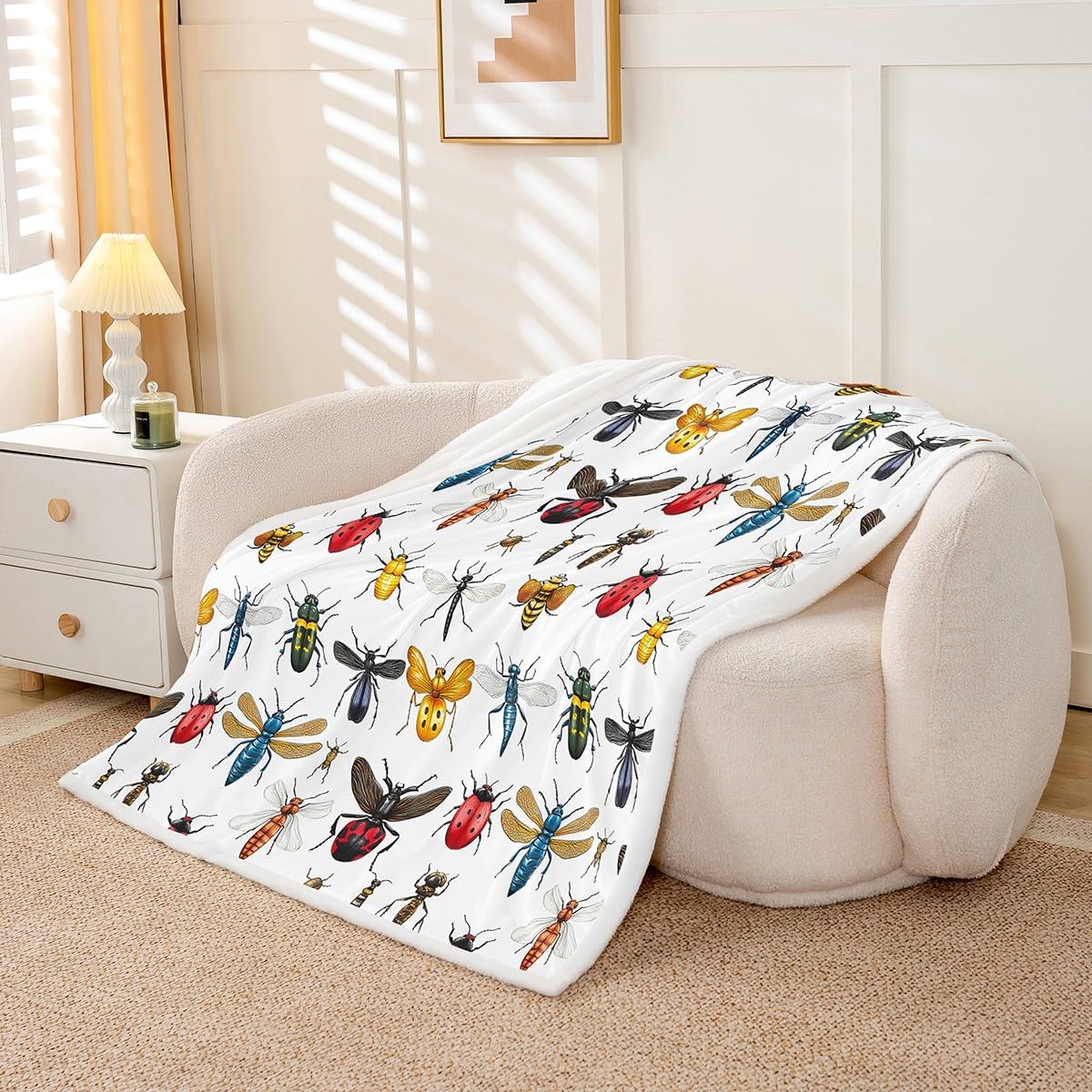 Feelyou Insects Fleece Throw Blanket Bee Butterfly Dragonfly Ladybug Sherpa Plush Blankets and Throws Entomological Flannel Fuzzy Blanket for Bed Sofa Couch 50"x60"