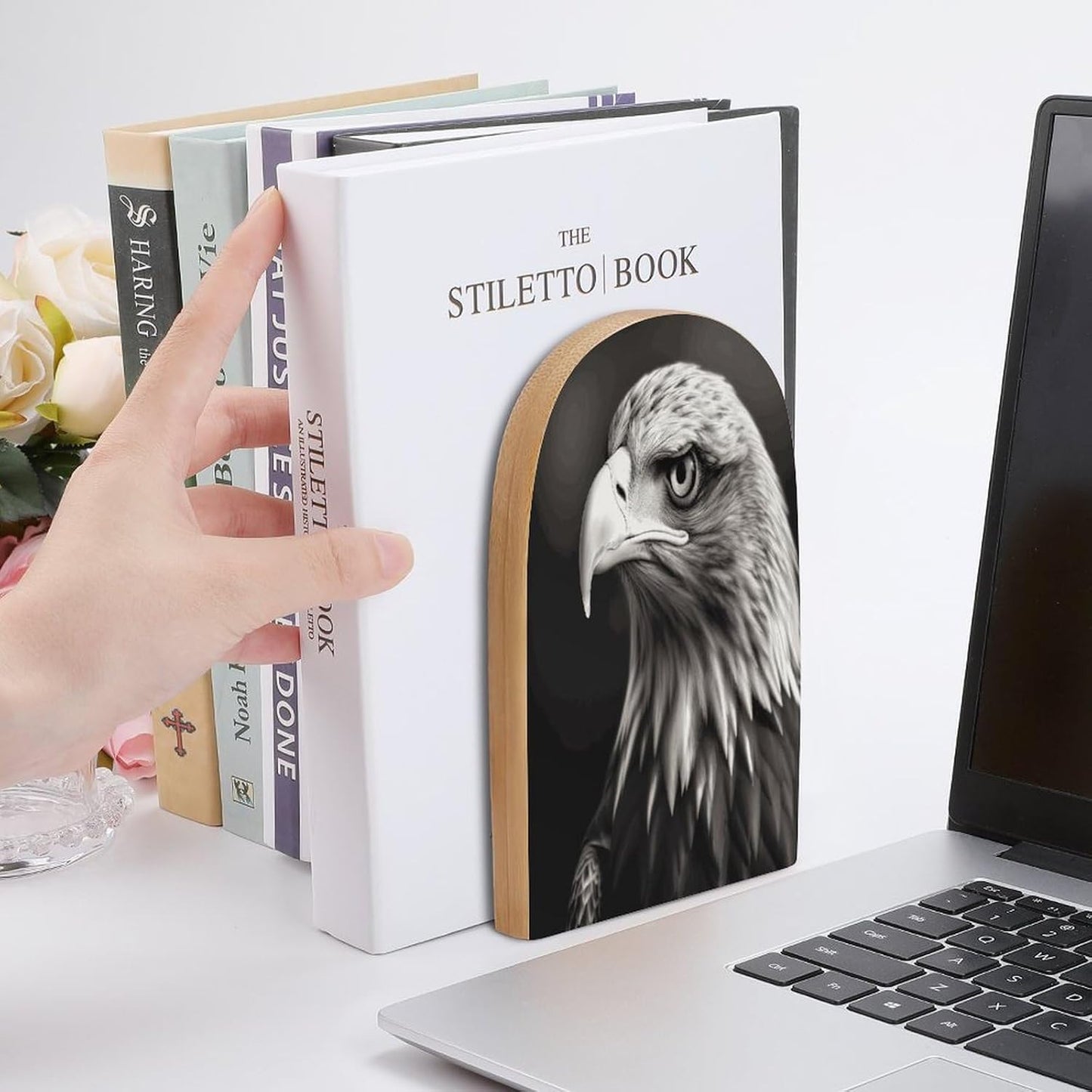 Eagle Black and White Bookend for Shelves Wooden Book End Large Size Sturdy Book Holders Stoppers with Metal Base for Bookshelves Slick Decorative Bookends Stands