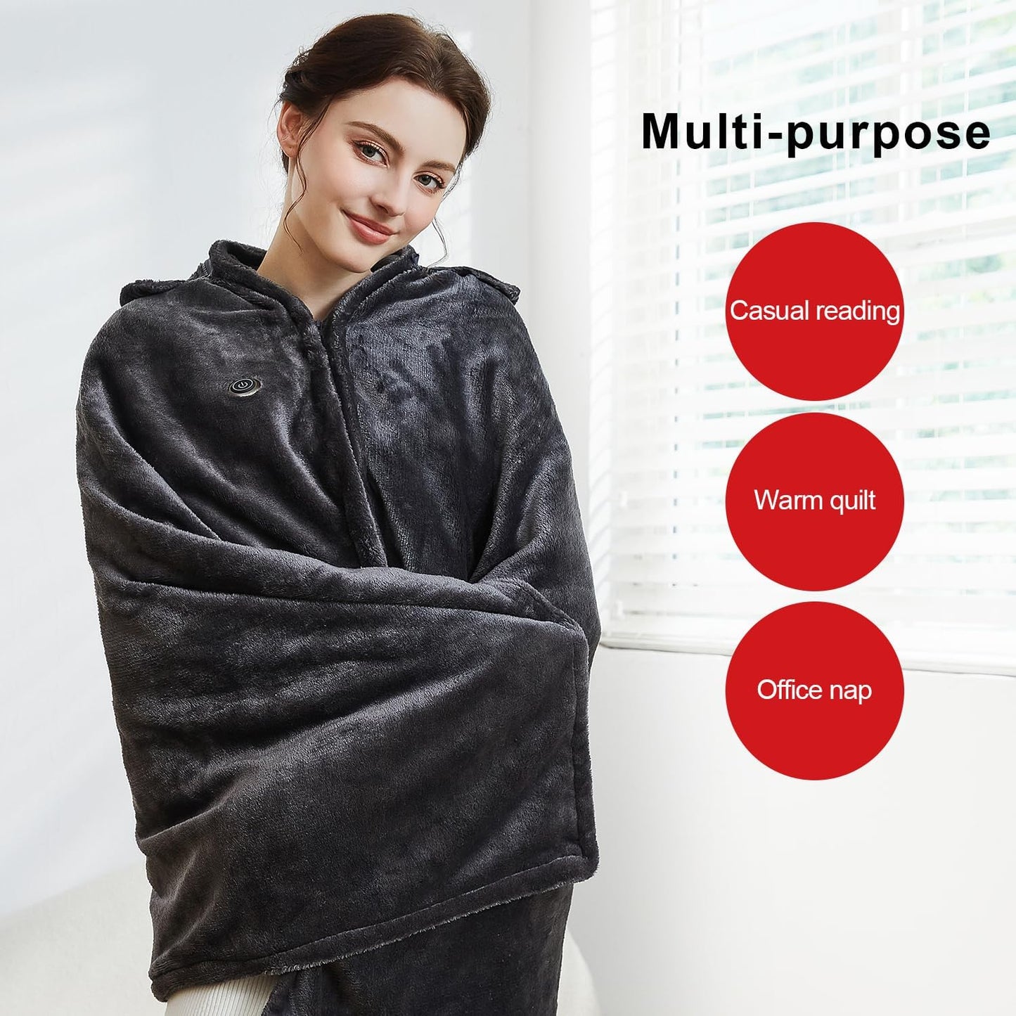 Wearable USB Heated Blanket Shawl Hooded, Portable, 3 Gears 7 Heating Zones Cordless Zip Throw for Women, Outdoor, Office, Camping