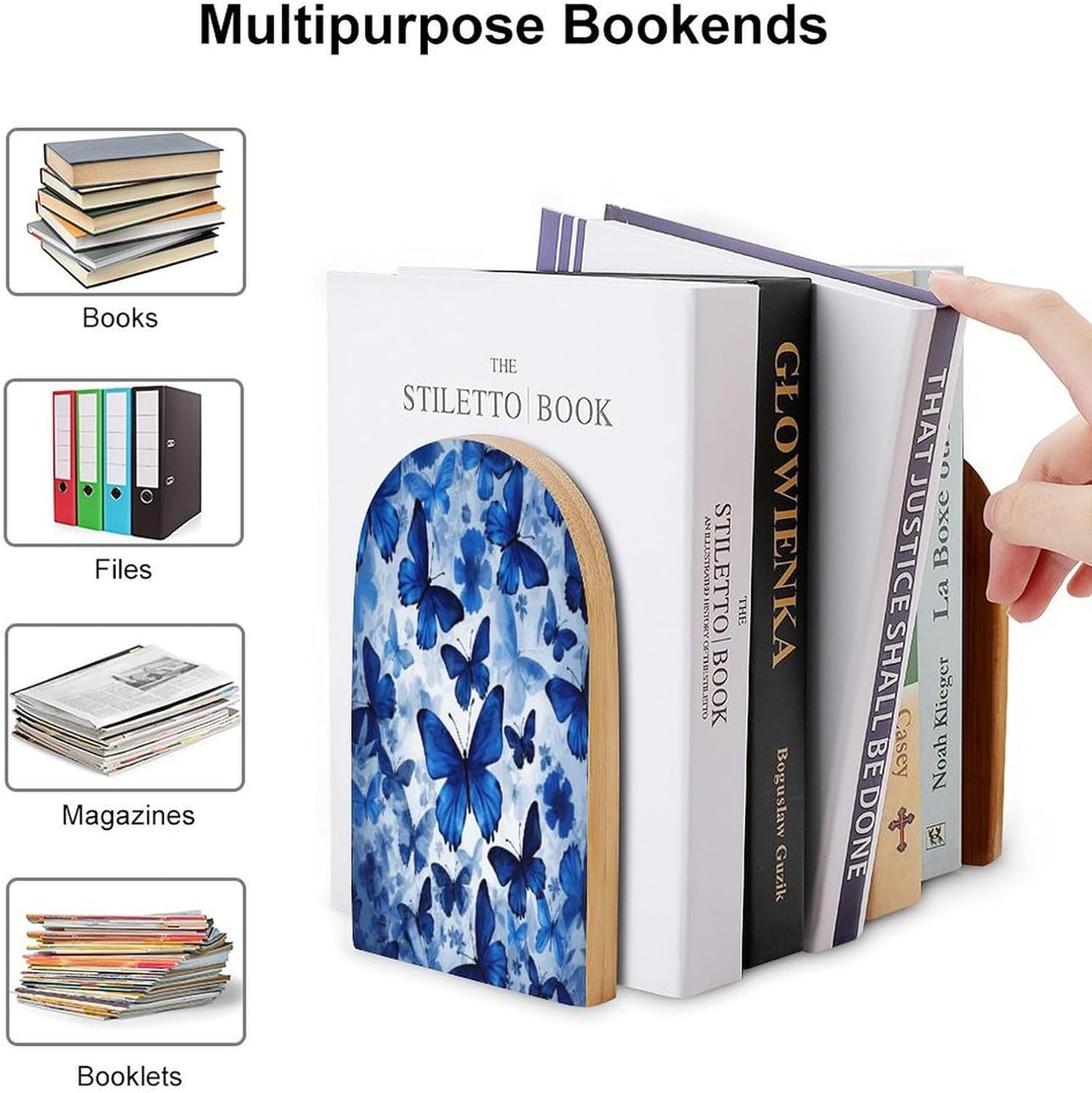 Blue Butterflies Bookend for Shelves Wooden Book End Large Size Sturdy Book Holders Stoppers with Metal Base for Bookshelves Slick Decorative Bookends Stands
