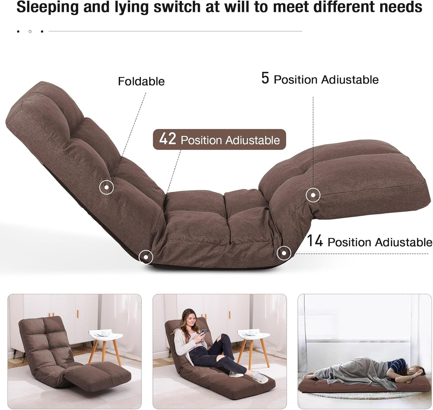 Floor Recliner with Adjustable Footrest - 14-Position Backrest & 5-Level Footrest for Ultimate Relaxation, Foldable Linen Chaise Lounge Chair for Living Room (Brown)
