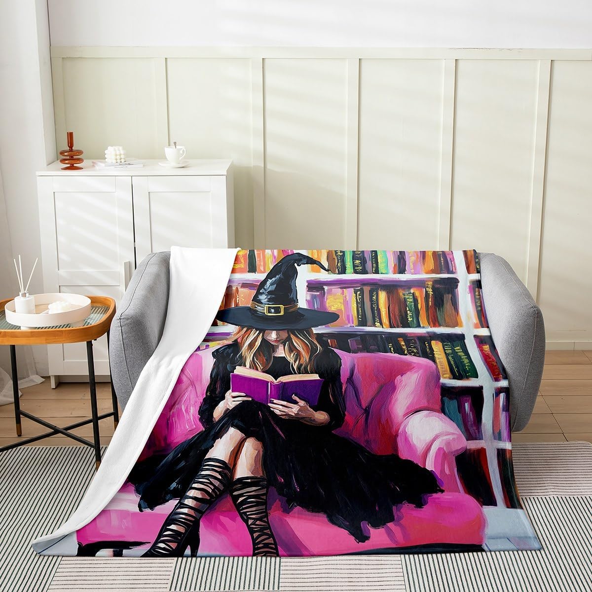 Manfei Witch Reading Flannel Blanket Cartoon Bookshelf Throw Blanket Halloween Theme Cozy Throws for Bed Couch Sofa,Kids Boys Girls Room Decor,Soft and Breathable(60 x 80 Inches)