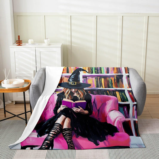 Manfei Witch Reading Flannel Blanket Cartoon Bookshelf Throw Blanket Halloween Theme Cozy Throws for Bed Couch Sofa,Kids Boys Girls Room Decor,Soft and Breathable(60 x 80 Inches)