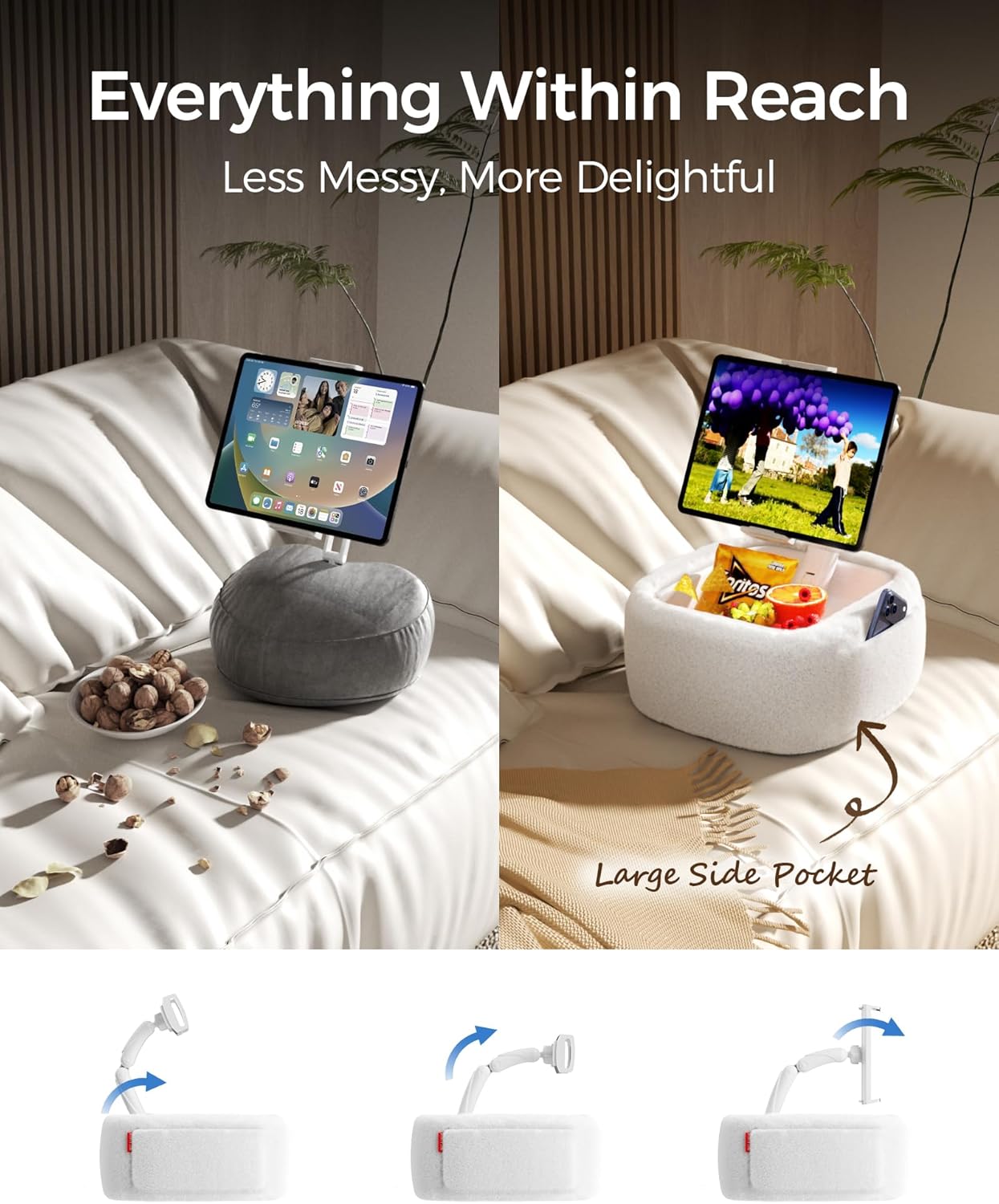 LULULOOK Ultra Fluffy Kindle Pillow Stand for Reading, Lap Tablet Pillow Stand with Snack Bowl & Foldable Arm Compatible with iPad, Phone and 4.7-14.6” Tablet for Book Reading in Bed