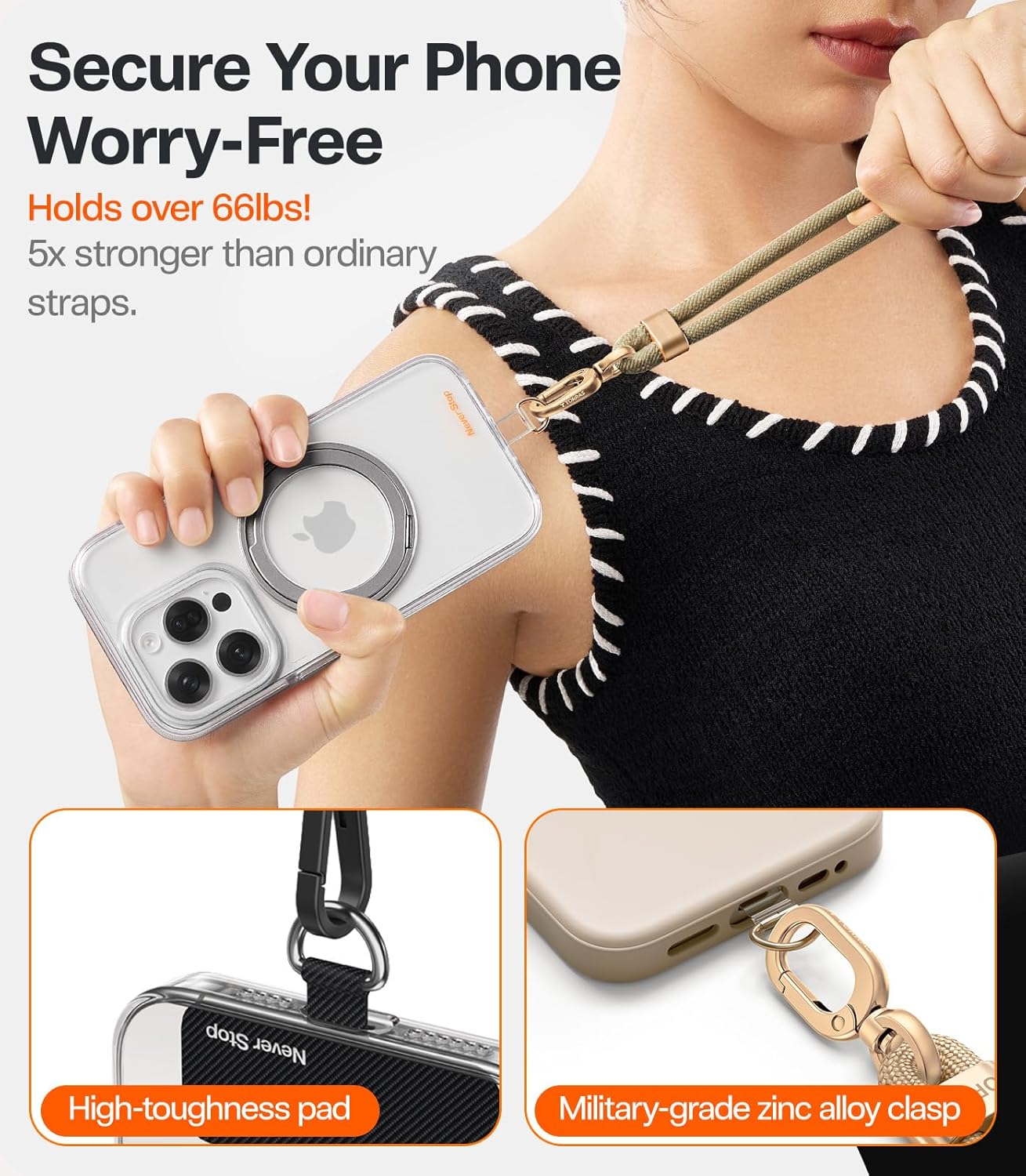 TORRAS Phone Lanyard Crossbody with 2 Phone Tabs, Adjustable Anti Theft Phone Strap for iPhone 17 Pro Max, Premium Metal Buckles, Universal Cell Phone Neck lanyard for Women and Men, Khaki