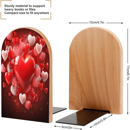 Love Red Hearts Bookend for Shelves Wooden Book End Large Size Sturdy Book Holders Stoppers with Metal Base for Bookshelves Slick Decorative Bookends Stands