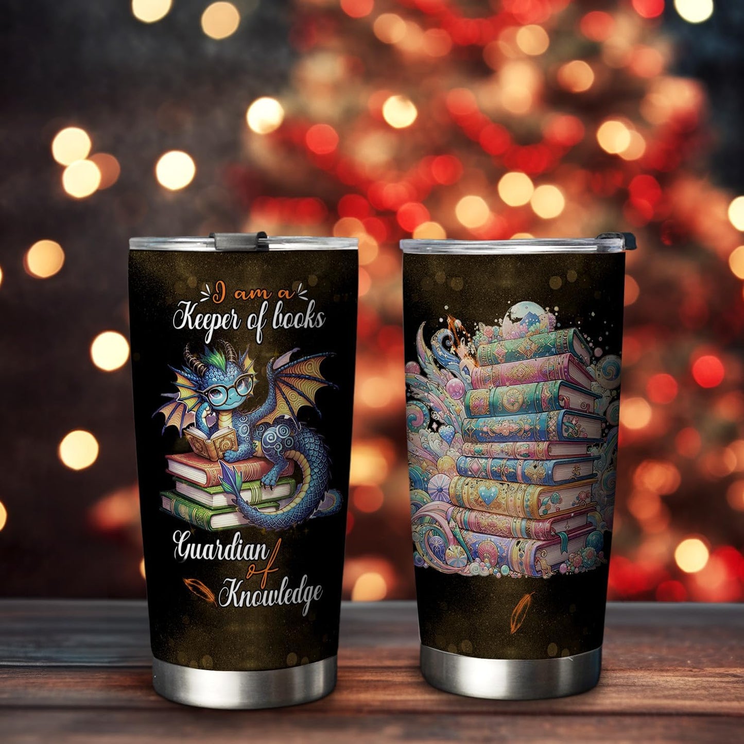 20oz Book Dragon Tumbler, Librarian, Reading Gifts for Dragon Lovers, Keeper of Books Guardian of Knowledge Coffee Tumbler, Stainless Steel Double Wall Vacuum Insulated Coffee Mug, Travel Cup with Lid