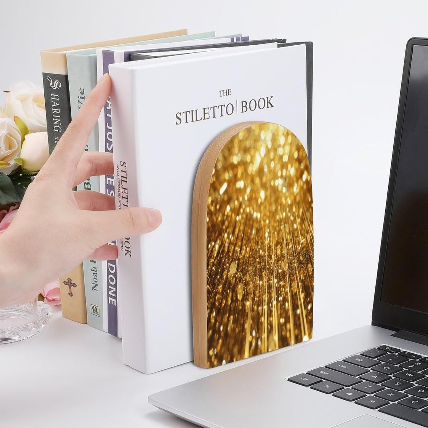 Gold Bling Bookend for Shelves Wooden Book End Large Size Sturdy Book Holders Stoppers with Metal Base for Bookshelves Slick Decorative Bookends Stands