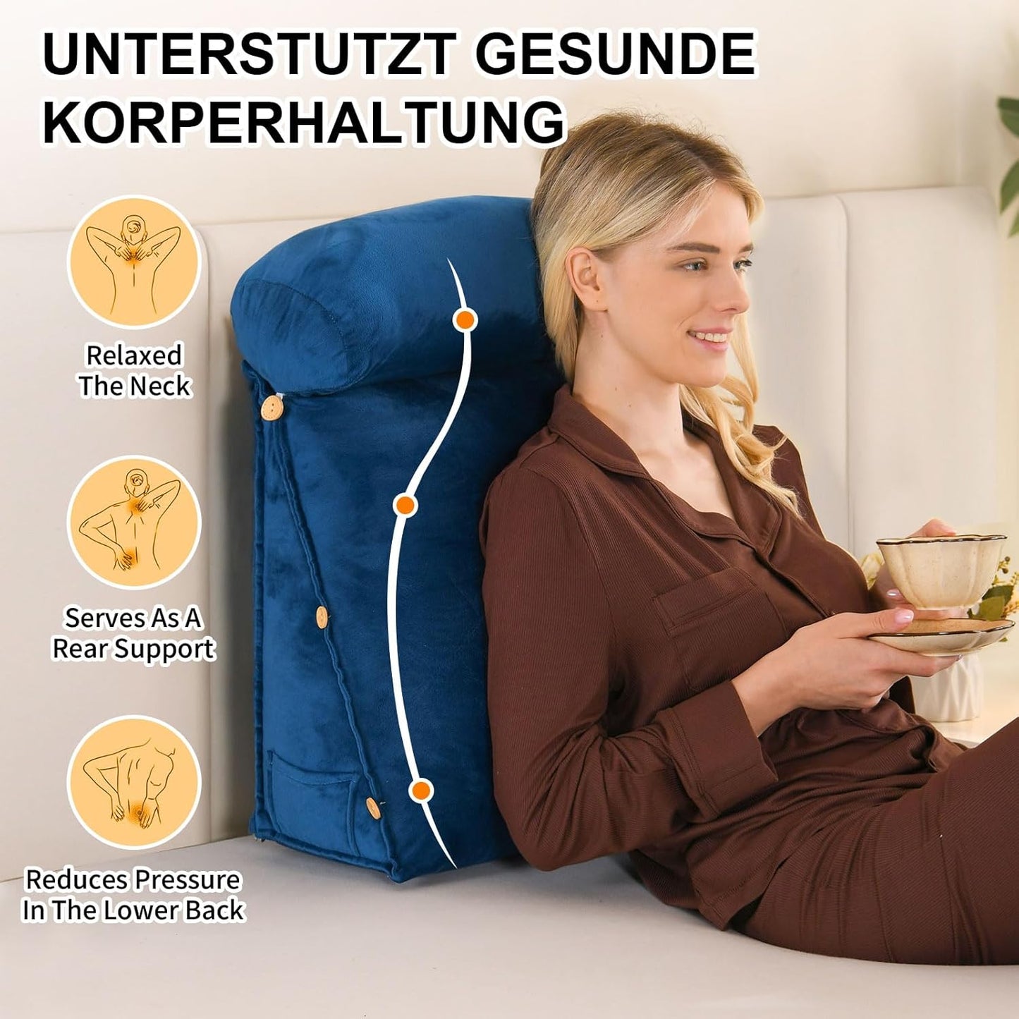 ele ELEOPTION Lumbar Back Support Pillow with Removable Neck Roll Wedge Back Cushion for Bed & Sofa with Side Pocket, Ergonomic Support Pillow for Reading (Navy Blue)