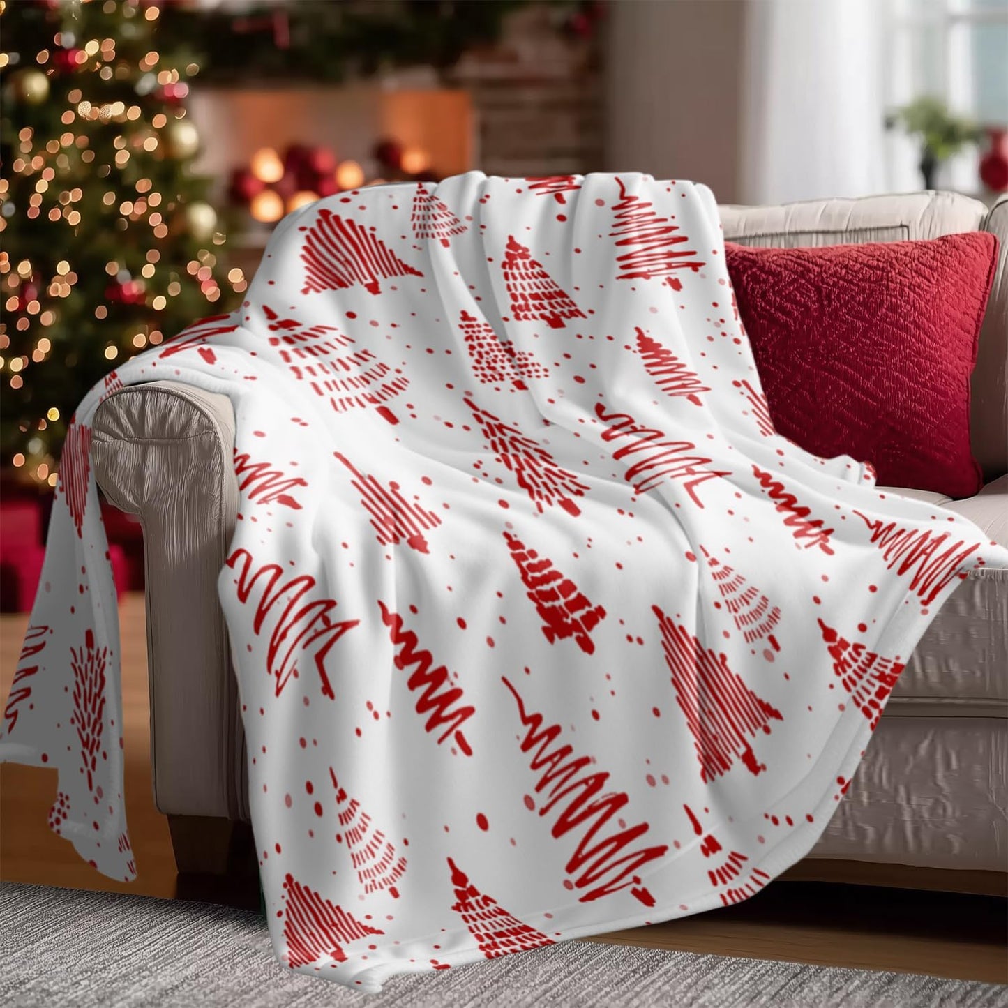 Christmas Tree Throw Blanket, Winter Red White Xmas Tree Warm Flannel Blanket for Living Room Couch Bed Chair or Dorm, 50x60 Inch