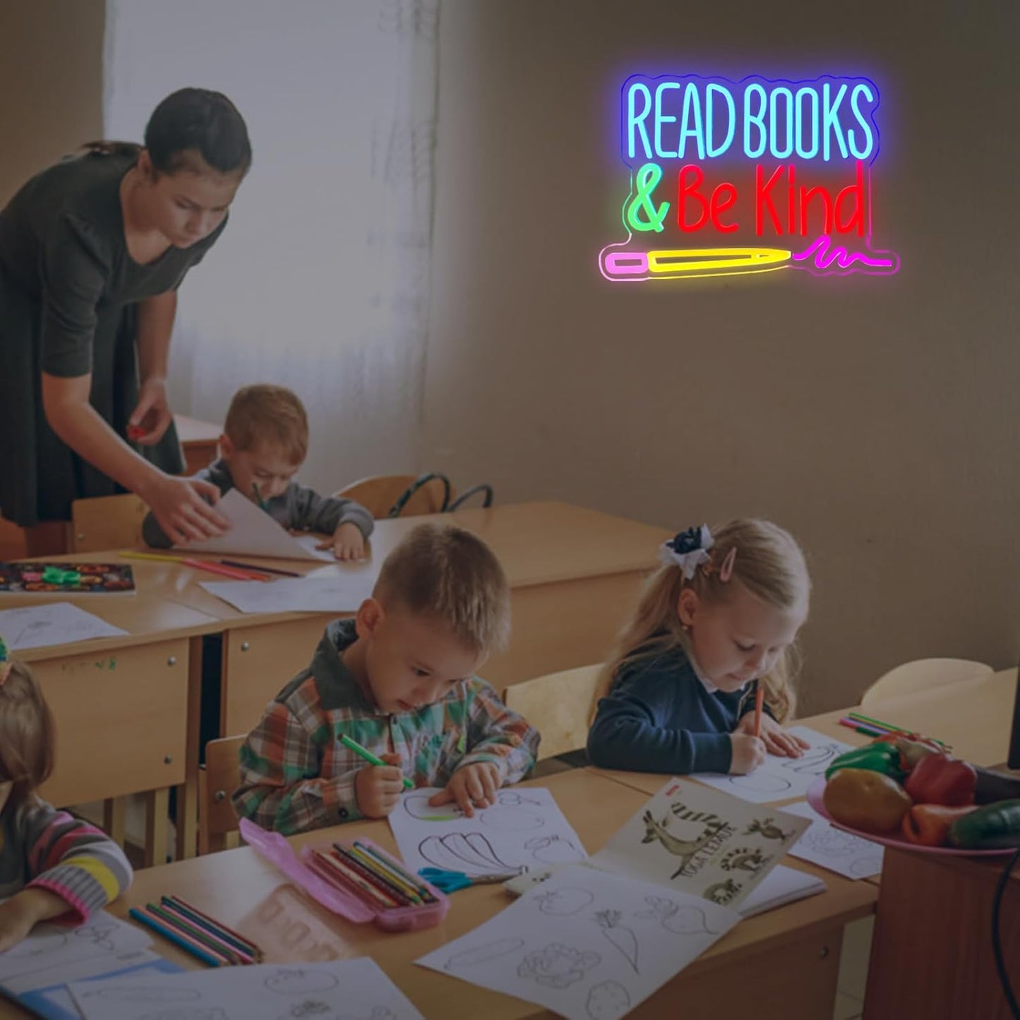 Read Books and Be Kind Neon Sign, Dimmable Classroom Neon Sign Lights, LED Read Books Light up Sign for Library Decor, USB Pencil Neon Light for Kids Teachers Students, Classroom Lights (16.2"×11")