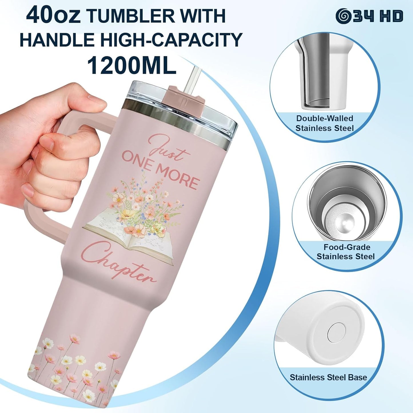 34HD Book Lover Gifts for Women 40 oz Tumbler with Handle - I Have No Shelf Control Funny Pun - Just One More Chapter Floral Travel Mug - Birthday Gift for Her