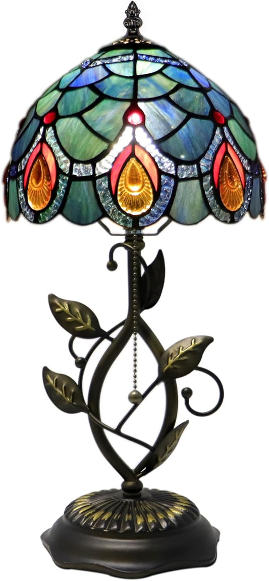 Small Tiffany Lamp Sea Blue Peacock Tail Style Stained Glass Table Lamps Desk Bedside Reading Light 8X8X18 Inches with Bronze Metal Leaf Resin Base