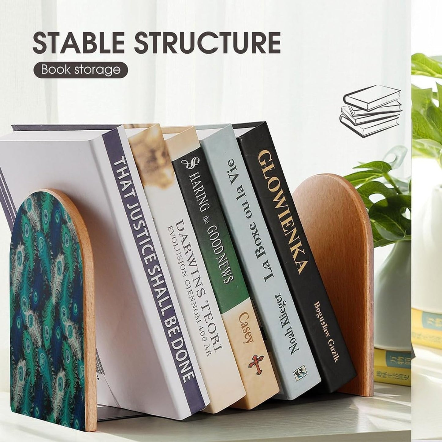Fresh Peacock Wooden Bookend Non-Slip Book Ends Heavy Duty Book Stopper with Metal Base Books Holderd Decorative Bookends Stands Firmly for Office Supplies