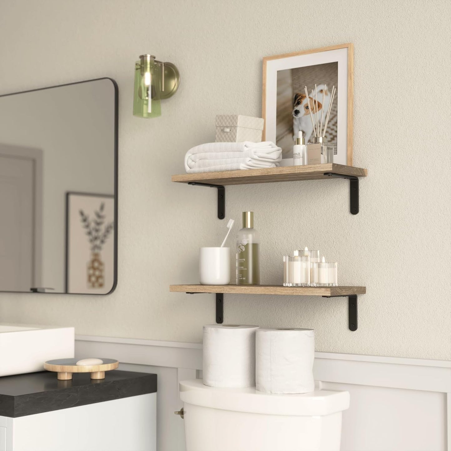 RICHER HOUSE Rustic Wood Shelves Set of 2, Farmhouse Style Floating Shelf for Wall Décor, Hanging Shelves for Bathroom, Bedroom, Storage, Kitchen, Living Room - Carbonized Black | for Wall Décor, for Bathroom, Bedroom, Storage, Kitchen, Living Room