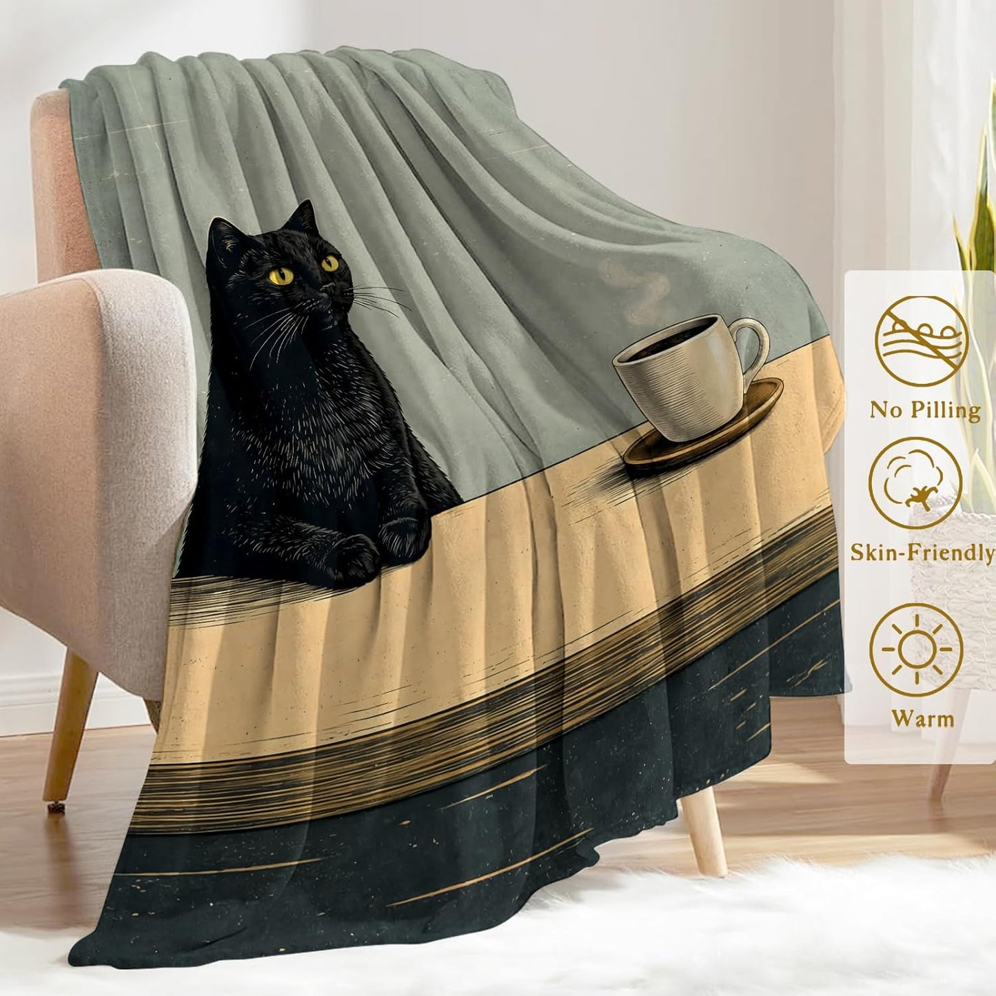 Retro Cat Fleece Throw Blanket 50x60 Inch,Vintage Black Kitten Coffee Decorative Throws,Soft Lightweight Blankets for Apartment Office Sofa Reading Chair,Cozy Gifts for Adults Teens Pet Lovers