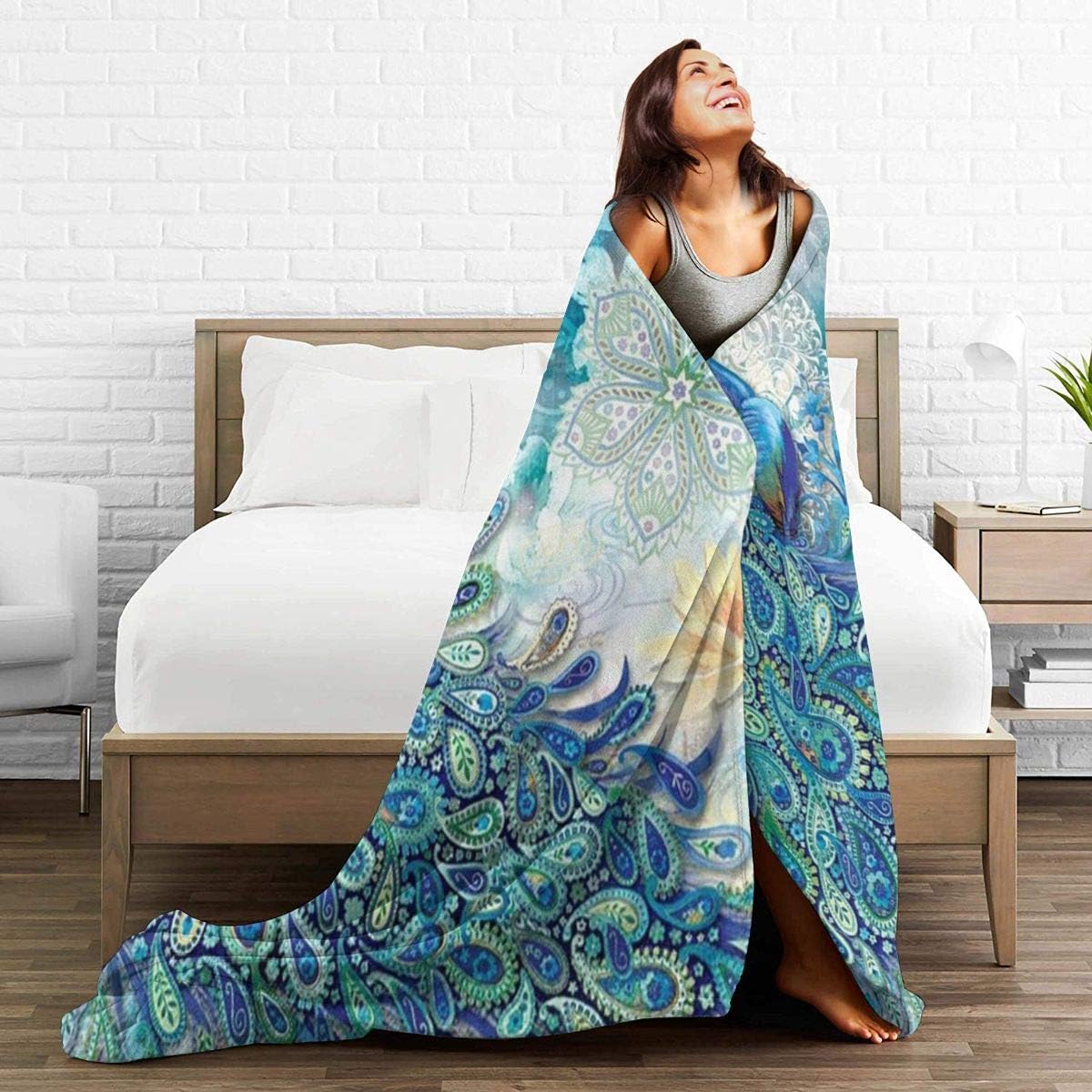 Peacock & Vintage Botanical Flannel Fleece Throw - Ultra Soft, Cozy, Warm & Lightweight Microfleece Blanket (80" x 60")