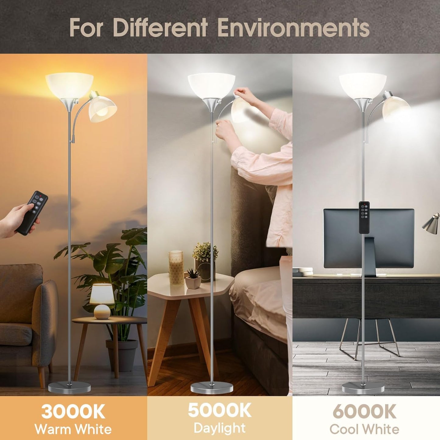 GERGO Floor Lamp, Remote Control with 4 Color Temperatures, LED Torchiere Floor Lamp with Adjustable Reading Lamp for Bedroom, Standing Lamps for Living Room, Bulb Included (Brushed Nickel)