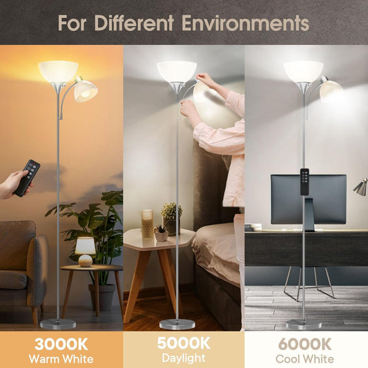 GERGO Floor Lamp, Remote Control with 4 Color Temperatures, LED Torchiere Floor Lamp with Adjustable Reading Lamp for Bedroom, Standing Lamps for Living Room, Bulb Included (Brushed Nickel)