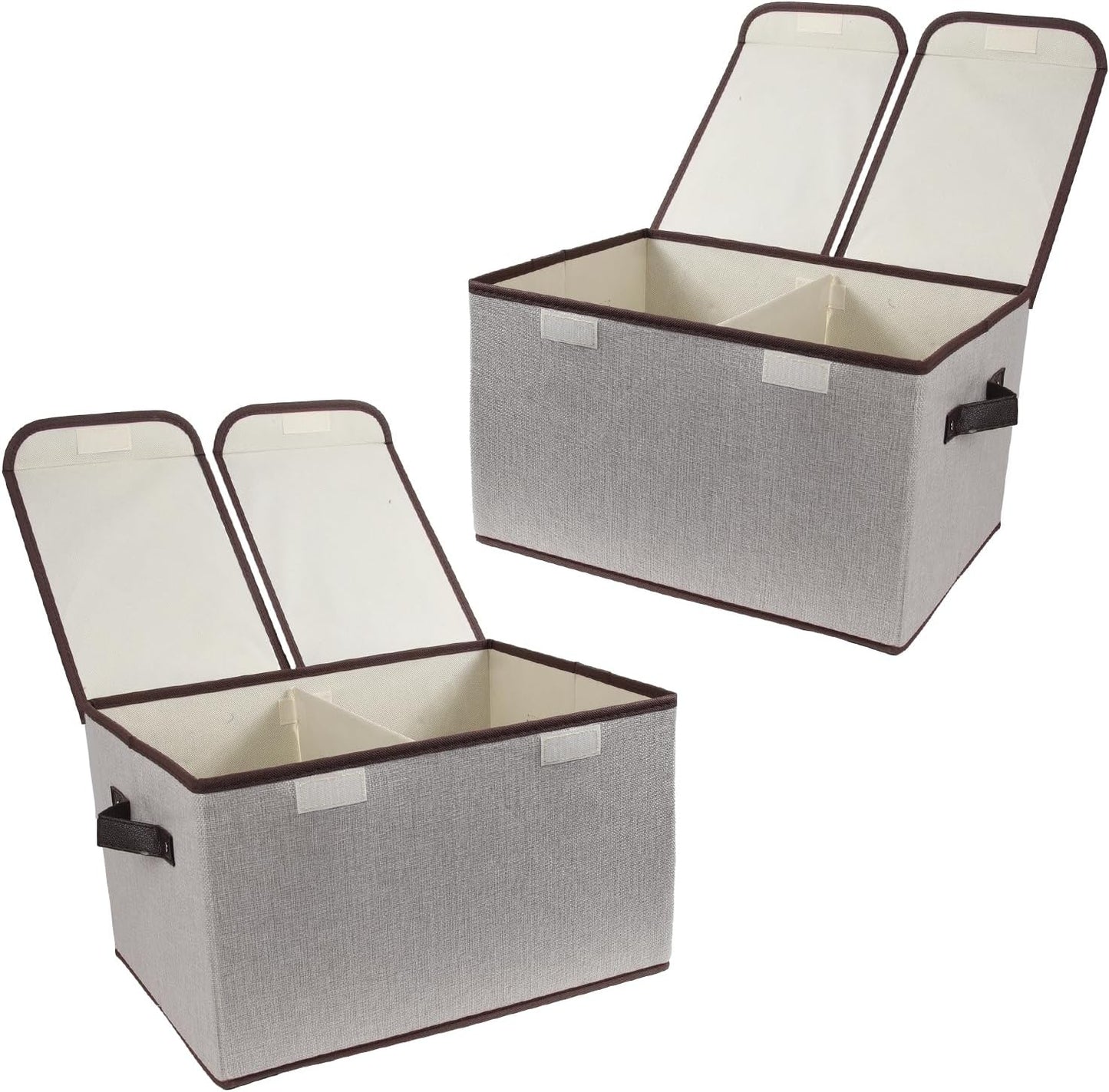 Foldable Fabric Storage Box with Double-Lid & Dividers, Large Organizer for Home, Closet, Office (Grey, 2 Packs)