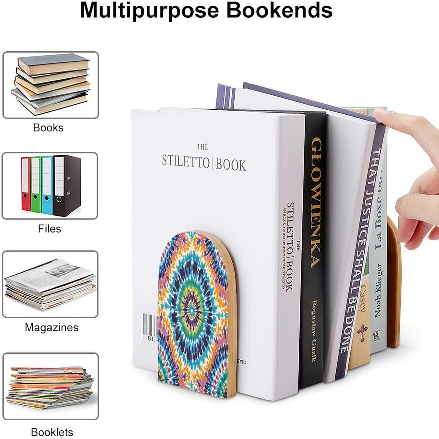 Tie Dye Pattern Bookends 1 Pair Heavy Duty Book Ends for Shelves Non-Skid Bookend Supports Wooden Book Holders with Metal Base Desk Organizers Books Storage to Hold Books