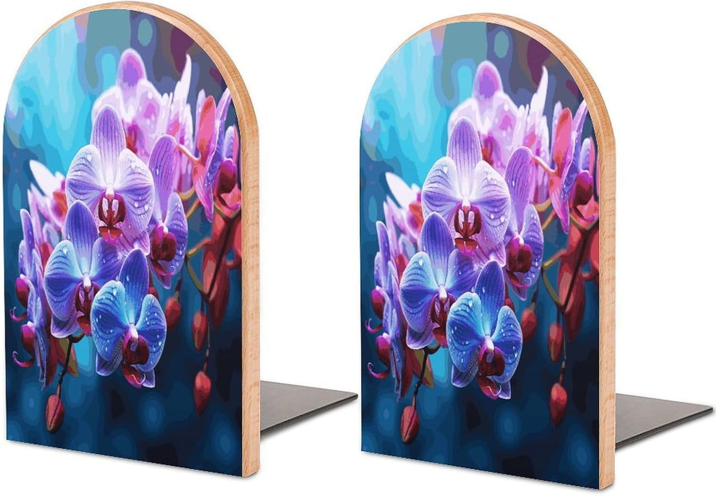 Colorful Orchids Flower Bookends 1 Pair Heavy Duty Book Ends for Shelves Non-Skid Bookend Supports Wooden Book Holders with Metal Base Desk Organizers Books Storage to Hold Books