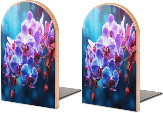Colorful Orchids Flower Bookends 1 Pair Heavy Duty Book Ends for Shelves Non-Skid Bookend Supports Wooden Book Holders with Metal Base Desk Organizers Books Storage to Hold Books