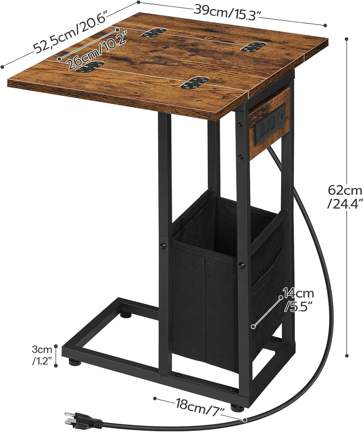 HOOBRO C Shaped Side Table with Charging Station, Foldable End Table with Fabric Bag, Sofa Couch Tray Table for Small Space in Living Room, Bedroom, Rustic Brown and Black BF30USF01