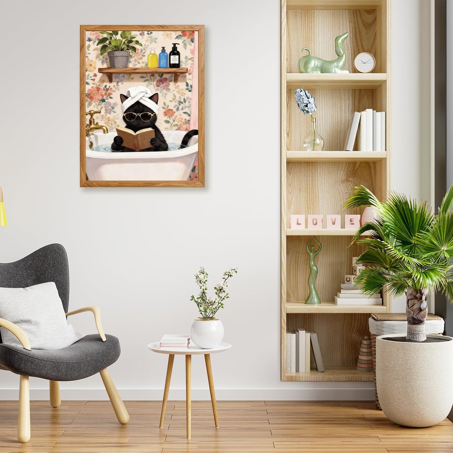 Framed Funny Cat Wall Art, 12" x 16" Canvas Tub Black Cat Reading Books Bathroom Wall Art, Vintage Aesthetic Lover Animal Prints for Room Bedroom Bathroom Living Room Home Office