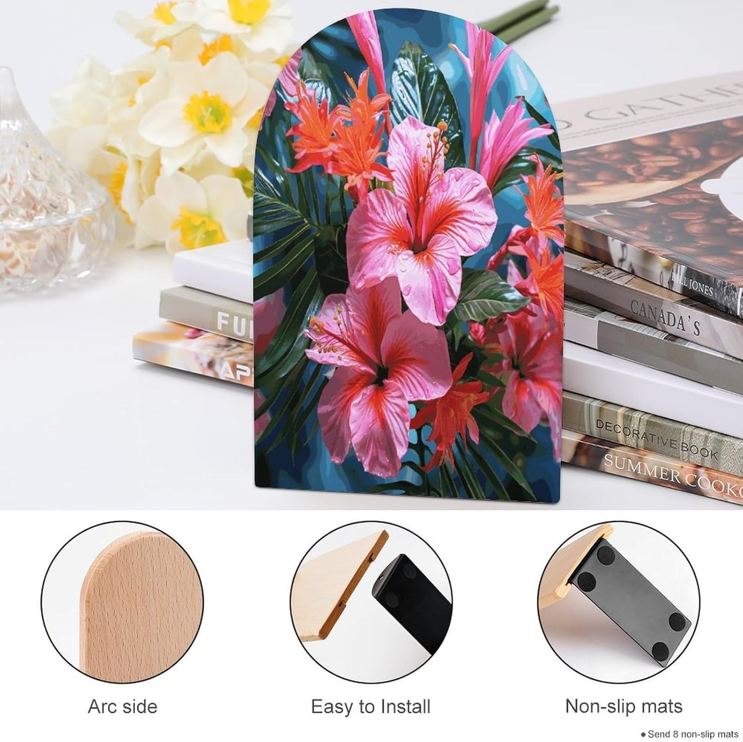 Pink Flower Tropical Plant Bookend for Shelves Wooden Book End Large Size Sturdy Book Holders Stoppers with Metal Base for Bookshelves Slick Decorative Bookends Stands