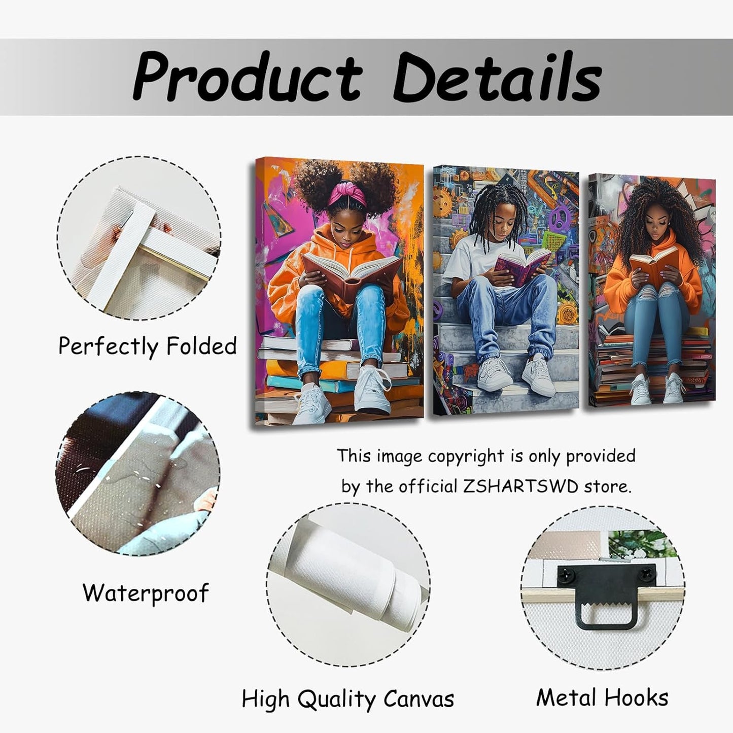 ZSHARTSWD 3 Pieces African American Wall Art Black Girl with Boy Reading Picture Black Children Canvas Print Inspiring Painting for Teen Bedroom Decor Framed (Orange, 11.00" x 14.00" x 3PCS)