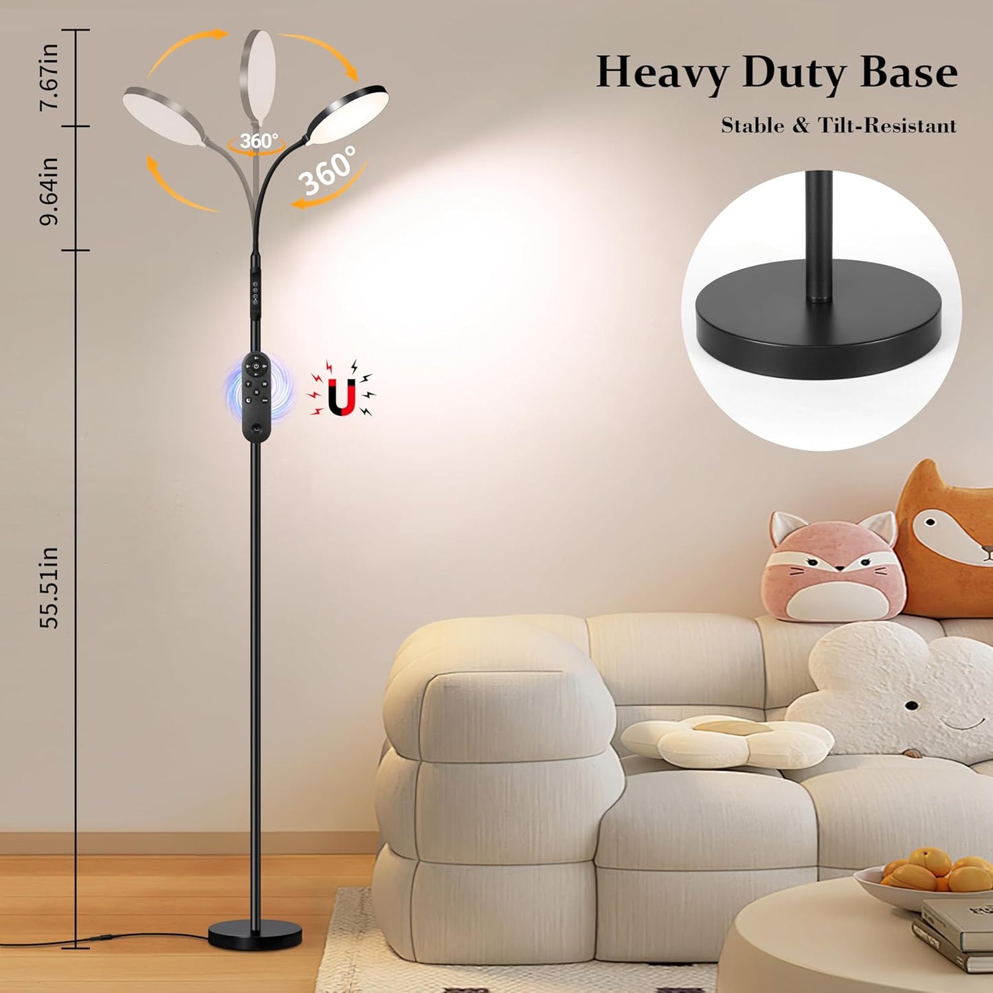 Eye-Caring Full Spectrum LED Floor Lamp, Magnetic Remote & Pole Control, Adjustable Gooseneck Dimmable 3000K-6500K, Stable Base for Living Room Bedroom Office Reading, Black