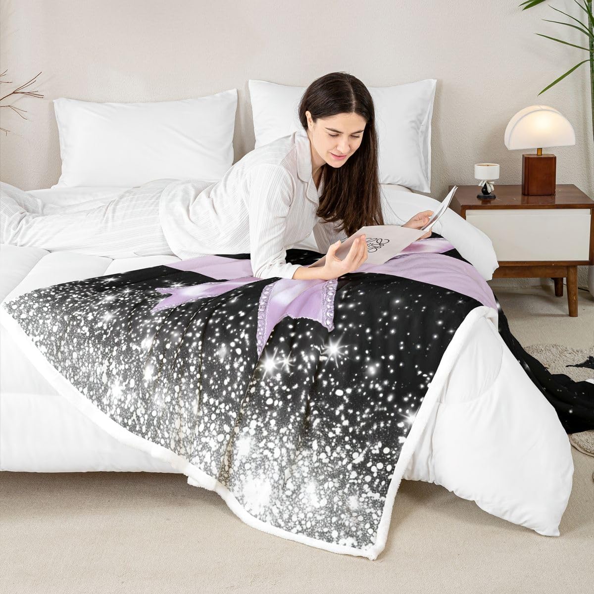 Feelyou Bow Throw Blanket Black Pink Soft Fleece Sherpa Cozy Fuzzy Plush Warm Glitter Fuzzy Plush Throw Pastel Baby 30"x40" Bow Knot Accent for Bed Couch Living Room