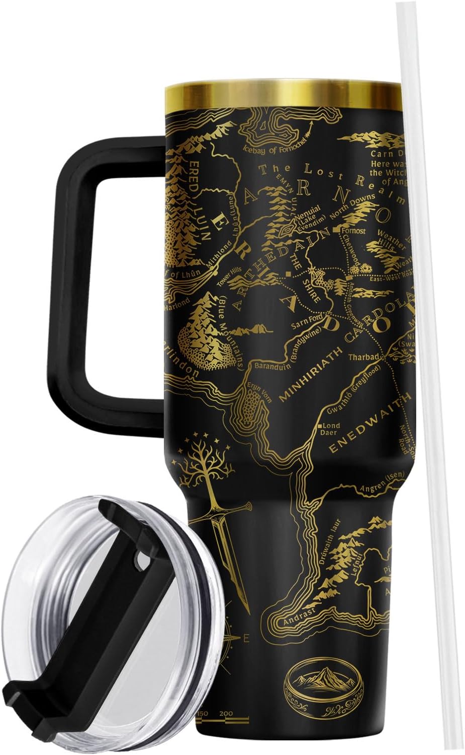 Fantasy Map Laser Engraved Tumbler 40oz Stainless Steel with Handle and Straw Epic Bookish Travel Cup Gold Engraving Gift for Fantasy Lovers Men Women